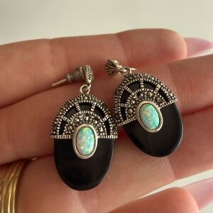 Onyx Marcasite Sterling Silver Dangle Earrings Art Deco Regency